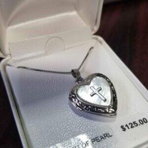 Sterling silver heart locket necklace with mother of pearl